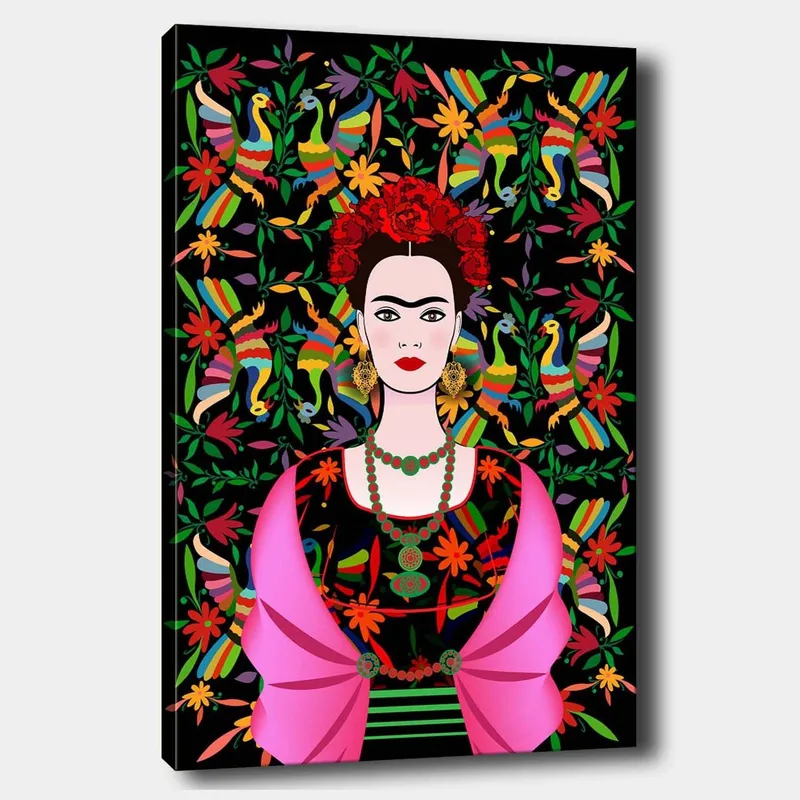 Canvas taulu 70x100 cm - Naisen muotokuva perinteisillä meksikolaisilla elementeillä ja värikkäällä taustalla, Punainen / Vihreä / Musta