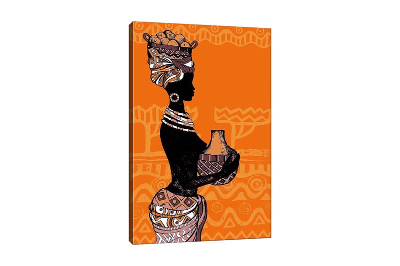 Canvas taulu 70x100 cm - Naisen siluetti ruukussa ja hedelmissä päässään, geometristen kuvioiden ympäröimänä, Musta / Oranssi / Beige