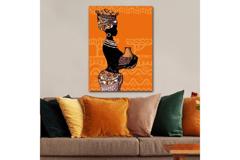 Canvas taulu 70x100 cm - Naisen siluetti ruukussa ja hedelmissä päässään, geometristen kuvioiden ympäröimänä - Musta / Oranssi / Beige - Sisustustuotteet - Taulu & taide - Canvas-taulu