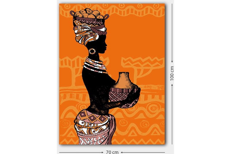 Canvas taulu 70x100 cm - Naisen siluetti ruukussa ja hedelmissä päässään, geometristen kuvioiden ympäröimänä - Musta / Oranssi / Beige - Sisustustuotteet - Taulu & taide - Canvas-taulu