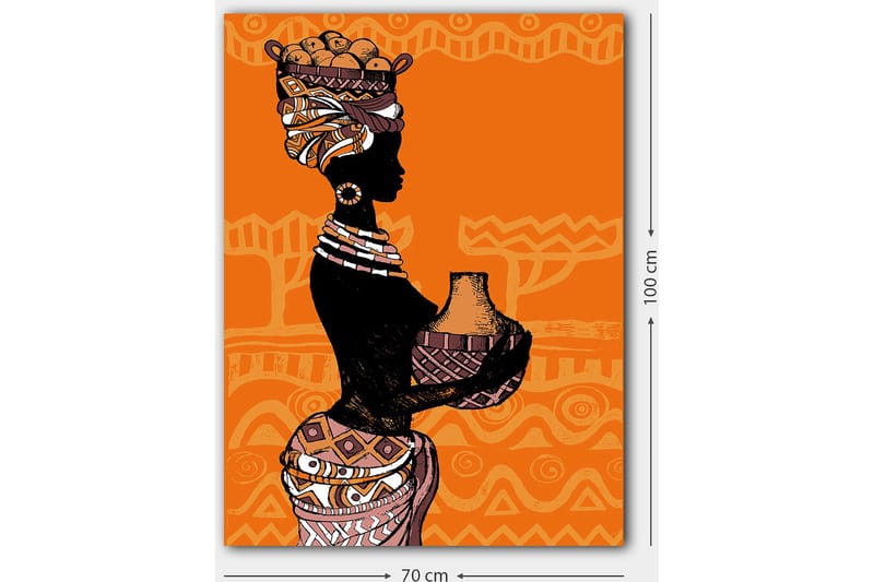 Canvas taulu 70x100 cm - Naisen siluetti ruukussa ja hedelmissä päässään, geometristen kuvioiden ympäröimänä - Musta / Oranssi / Beige - Sisustustuotteet - Taulu & taide - Canvas-taulu