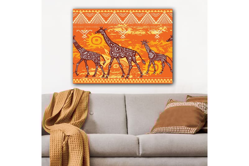 Canvas taulu 70x100 cm - Neljä kirahvia värikkäässä ja tyylitellyssä kuosissa - Oranssi / Ruskea / Valkoinen - Sisustustuotteet - Taulu & taide - Canvas-taulu