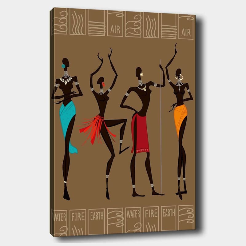 Canvas taulu 70x100 cm - Neljä tyyliteltyä naista perinteisissä vaatteissa, jotka edustavat eri elementtejä, Tummanruskea / Turkoosi / Punainen