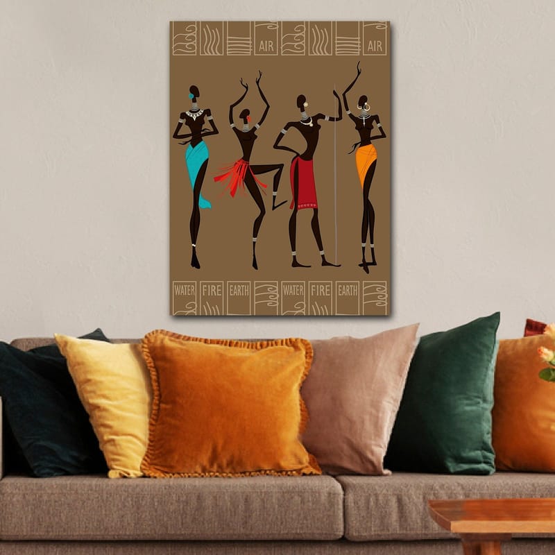 Canvas taulu 70x100 cm - Neljä tyyliteltyä naista perinteisissä vaatteissa, jotka edustavat eri elementtejä - Tummanruskea / Turkoosi / Punainen - Sisustustuotteet - Taulu & taide - Canvas-taulu