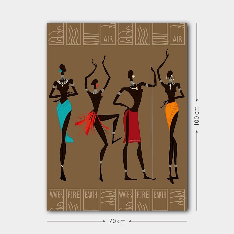 Canvas taulu 70x100 cm - Neljä tyyliteltyä naista perinteisissä vaatteissa, jotka edustavat eri elementtejä - Tummanruskea / Turkoosi / Punainen - Sisustustuotteet - Taulu & taide - Canvas-taulu