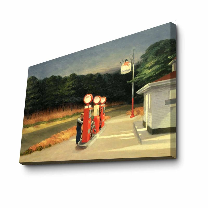 Canvas taulu 70x100 cm - Nostalginen huoltoasema vintage-pumppuineen luonnonkauniissa ympäristössä - Punainen / Vihreä / Sininen - Sisustustuotteet - Taulu & taide - Canvas-taulu