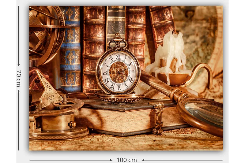 Canvas taulu 70x100 cm - Nostalginen kokoelma antiikkiesineitä, kuten taskukello, kirjoja ja kynttilänjalka - Kulta / Ruskea / Beige - Sisustustuotteet - Taulu & taide - Canvas-taulu