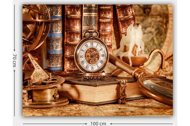 Canvas taulu 70x100 cm - Nostalginen kokoelma antiikkiesineitä, kuten taskukello, kirjoja ja kynttilänjalka - Kulta / Ruskea / Beige - Sisustustuotteet - Taulu & taide - Canvas-taulu