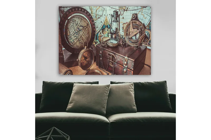 Canvas taulu 70x100 cm - Nostalginen kokoelma navigointityökaluja ja maapalloa, jotka korostavat seikkailua ja tutkimusmatkailua - Ruskea / Kulta / Sininen - Sisustustuotteet - Taulu & taide - Canvas-taulu