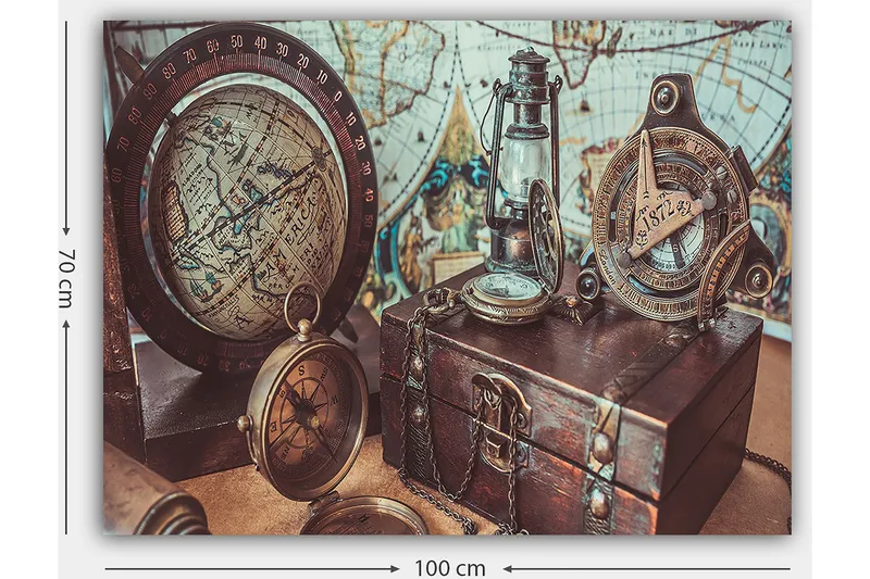 Canvas taulu 70x100 cm - Nostalginen kokoelma navigointityökaluja ja maapalloa, jotka korostavat seikkailua ja tutkimusmatkailua - Ruskea / Kulta / Sininen - Sisustustuotteet - Taulu & taide - Canvas-taulu