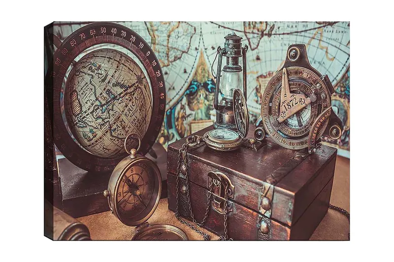 Canvas taulu 70x100 cm - Nostalginen kokoelma navigointityökaluja ja maapalloa, jotka korostavat seikkailua ja tutkimusmatkailua, Ruskea / Kulta / Sininen