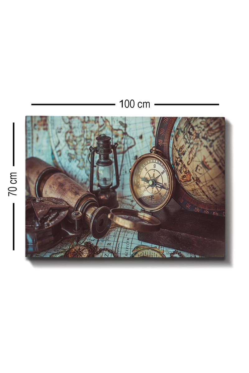 Canvas taulu 70x100 cm - Nostalginen kokoelma navigointityökaluja ja vanha kartta - Ruskea / Kulta / Vihreä - Sisustustuotteet - Taulu & taide - Canvas-taulu