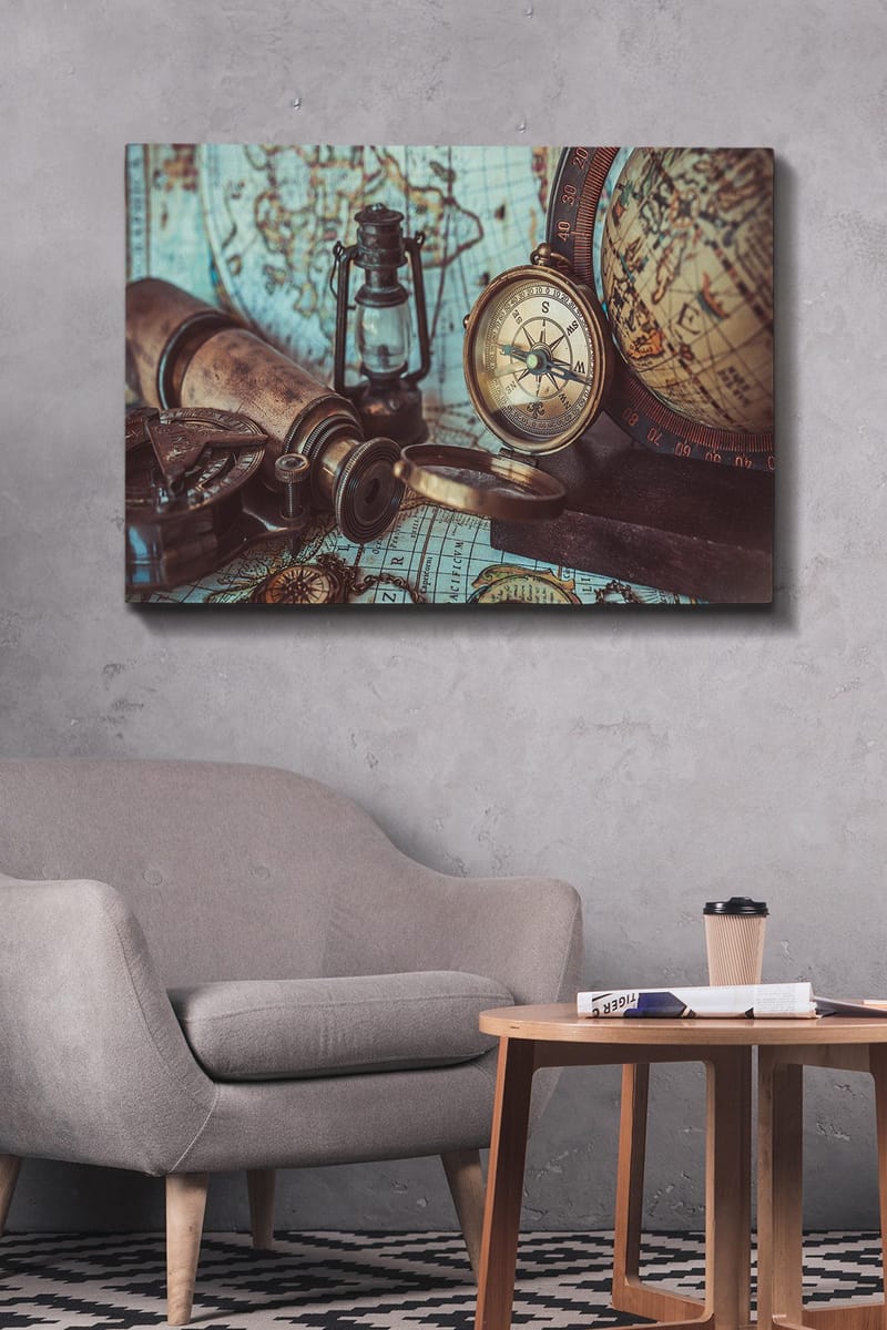 Canvas taulu 70x100 cm - Nostalginen kokoelma navigointityökaluja ja vanha kartta - Ruskea / Kulta / Vihreä - Sisustustuotteet - Taulu & taide - Canvas-taulu