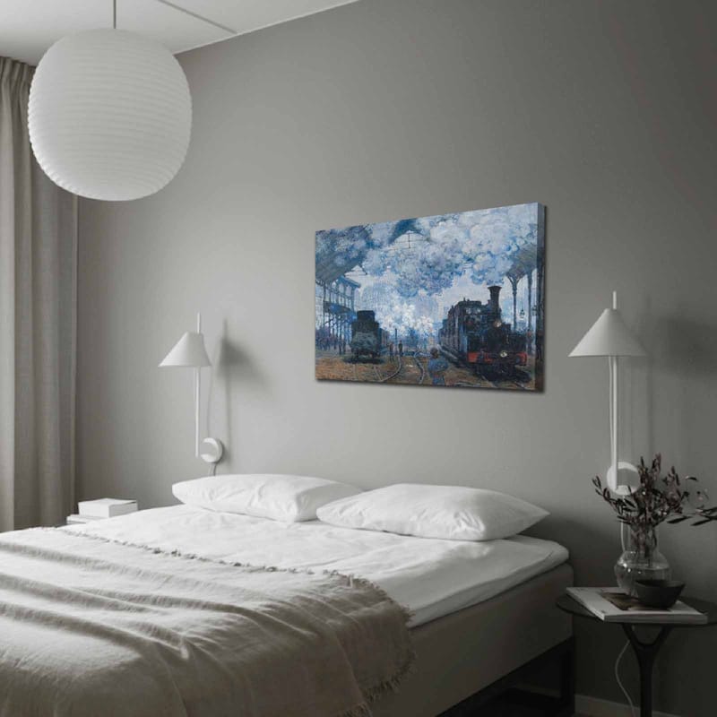 Canvas taulu 70x100 cm - Nostalginen kuvaus rautatieasemasta höyryvetureineen ja liikkuvine ihmisineen, Sininen / Harmaa / Ruskea