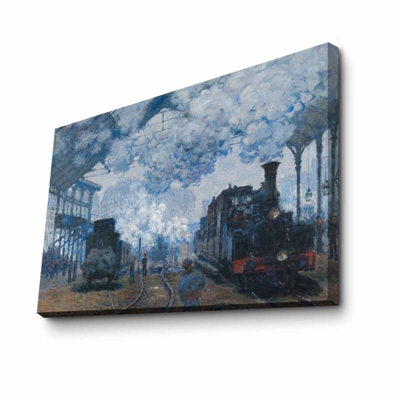 Canvas taulu 70x100 cm - Nostalginen kuvaus rautatieasemasta höyryvetureineen ja liikkuvine ihmisineen - Sininen / Harmaa / Ruskea - Sisustustuotteet - Taulu & taide - Canvas-taulu