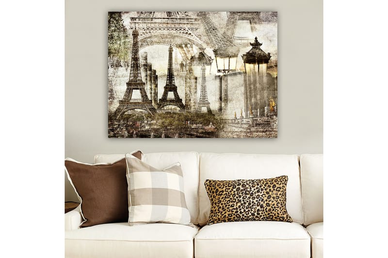 Canvas taulu 70x100 cm - Nostalginen näkymä Eiffel-tornista ja Pariisin maisemista unenomaisessa tyylissä, Beige / Ruskea / Harmaa