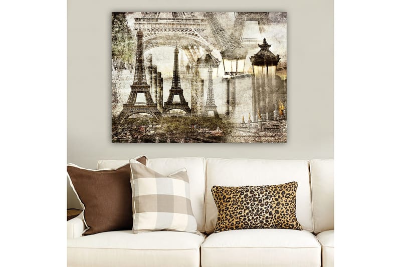 Canvas taulu 70x100 cm - Nostalginen näkymä Eiffel-tornista ja Pariisin maisemista unenomaisessa tyylissä, Beige / Ruskea / Harmaa