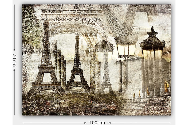 Canvas taulu 70x100 cm - Nostalginen näkymä Eiffel-tornista ja Pariisin maisemista unenomaisessa tyylissä - Beige / Ruskea / Harmaa - Sisustustuotteet - Taulu & taide - Canvas-taulu