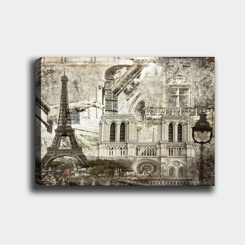 Canvas taulu 70x100 cm - Nostalginen näkymä Pariisiin, Eiffel-torni ja Notre-Dame keskipisteenä, Harmaa / Beige / Musta
