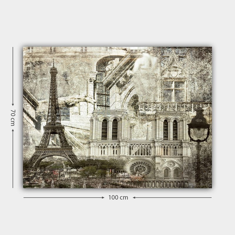 Canvas taulu 70x100 cm - Nostalginen näkymä Pariisiin, Eiffel-torni ja Notre-Dame keskipisteenä - Harmaa / Beige / Musta - Sisustustuotteet - Taulu & taide - Canvas-taulu