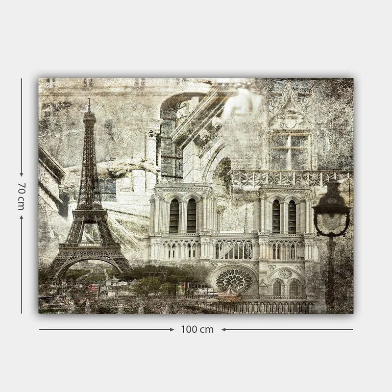 Canvas taulu 70x100 cm - Nostalginen näkymä Pariisiin, Eiffel-torni ja Notre-Dame keskipisteenä - Harmaa / Beige / Musta - Sisustustuotteet - Taulu & taide - Canvas-taulu