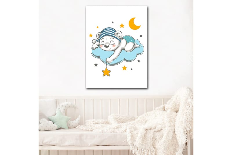 Canvas taulu 70x100 cm - Nukkuva jääkarhu pilvellä, jota ympäröivät tähdet ja kuu - Sininen / Keltainen / Musta - Sisustustuotteet - Taulu & taide - Canvas-taulu