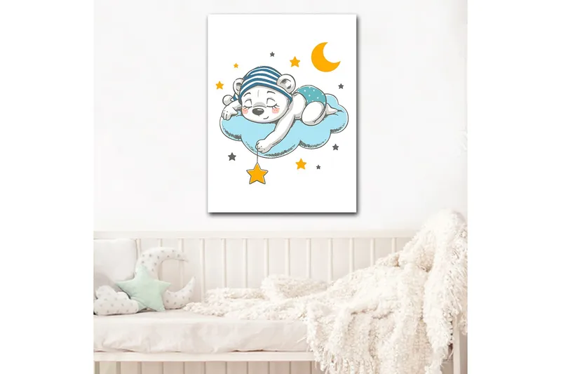Canvas taulu 70x100 cm - Nukkuva jääkarhu pilvellä, jota ympäröivät tähdet ja kuu - Sininen / Keltainen / Musta - Sisustustuotteet - Taulu & taide - Canvas-taulu