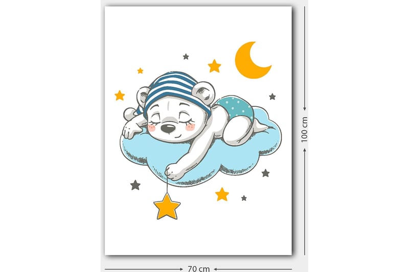 Canvas taulu 70x100 cm - Nukkuva jääkarhu pilvellä, jota ympäröivät tähdet ja kuu - Sininen / Keltainen / Musta - Sisustustuotteet - Taulu & taide - Canvas-taulu