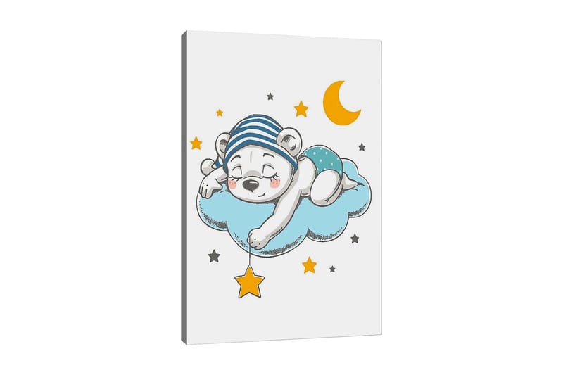 Canvas taulu 70x100 cm - Nukkuva jääkarhu pilvellä, jota ympäröivät tähdet ja kuu, Sininen / Keltainen / Musta