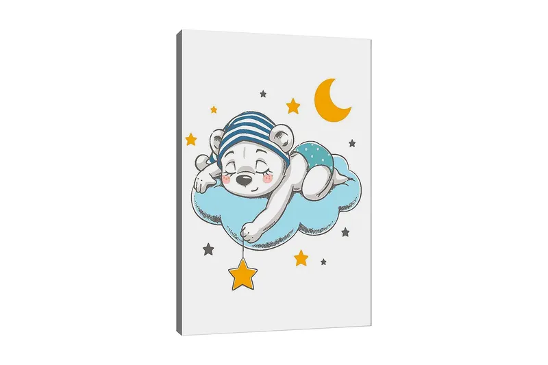 Canvas taulu 70x100 cm - Nukkuva jääkarhu pilvellä, jota ympäröivät tähdet ja kuu, Sininen / Keltainen / Musta