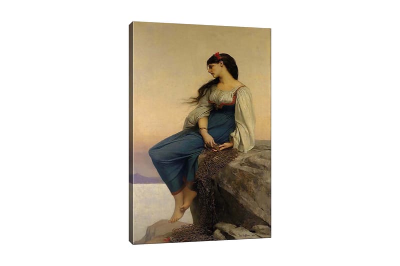Canvas taulu 70x100 cm - Nuori nainen istuu kalliolla mietteliäänä, yllään sininen mekko, jossa on valkoiset hihat, Sininen / Valkoinen / Punainen