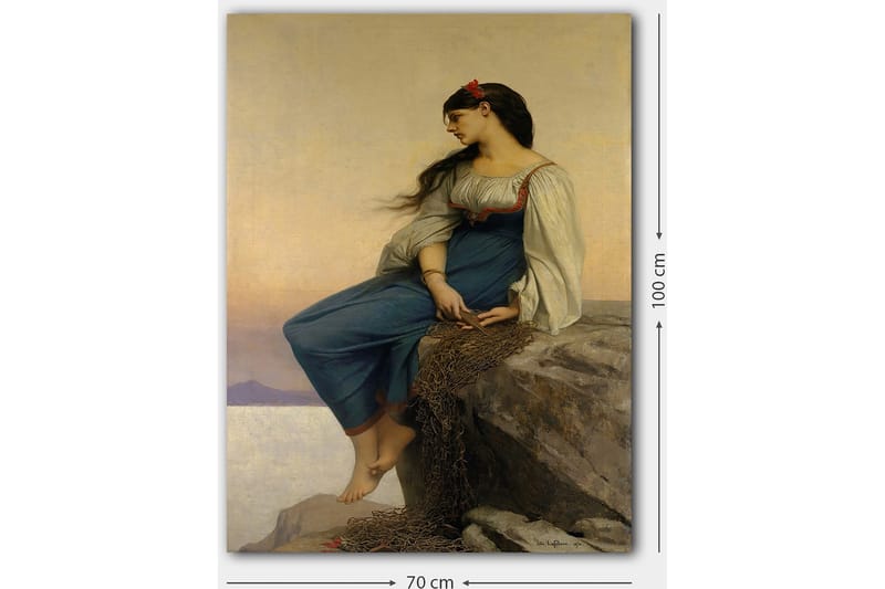 Canvas taulu 70x100 cm - Nuori nainen istuu kalliolla mietteliäänä, yllään sininen mekko, jossa on valkoiset hihat - Sininen / Valkoinen / Punainen - Sisustustuotteet - Taulu & taide - Canvas-taulu