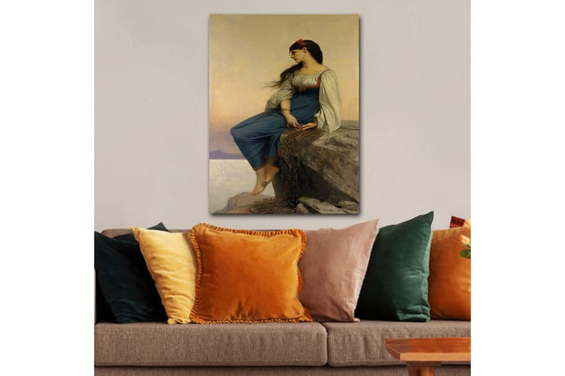 Canvas taulu 70x100 cm - Nuori nainen istuu kalliolla mietteliäänä, yllään sininen mekko, jossa on valkoiset hihat - Sininen / Valkoinen / Punainen - Sisustustuotteet - Taulu & taide - Canvas-taulu