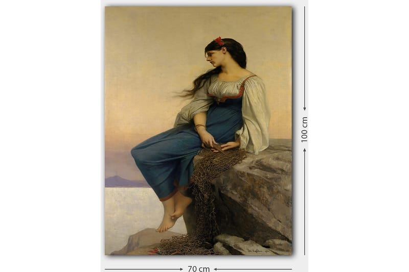 Canvas taulu 70x100 cm - Nuori nainen istuu kalliolla mietteliäänä, yllään sininen mekko, jossa on valkoiset hihat - Sininen / Valkoinen / Punainen - Sisustustuotteet - Taulu & taide - Canvas-taulu