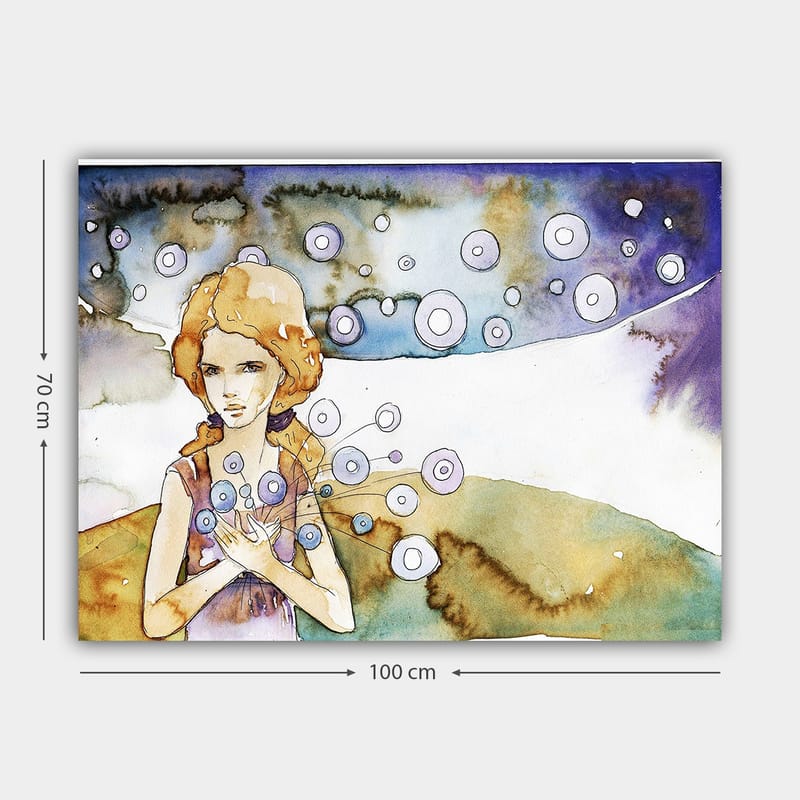 Canvas taulu 70x100 cm - Nuori nainen pitelee pyöreitä kukkia unenomaisessa maisemassa - Vaaleansininen / Beige / Violetti - Sisustustuotteet - Taulu & taide - Canvas-taulu