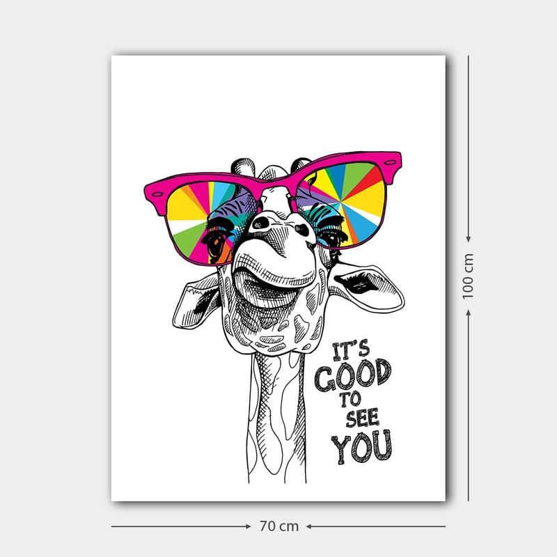 Canvas taulu 70x100 cm - Onnellinen kirahvi värikkäillä aurinkolaseilla - Vaaleanpunainen / Keltainen / Vihreä - Sisustustuotteet - Taulu & taide - Canvas-taulu