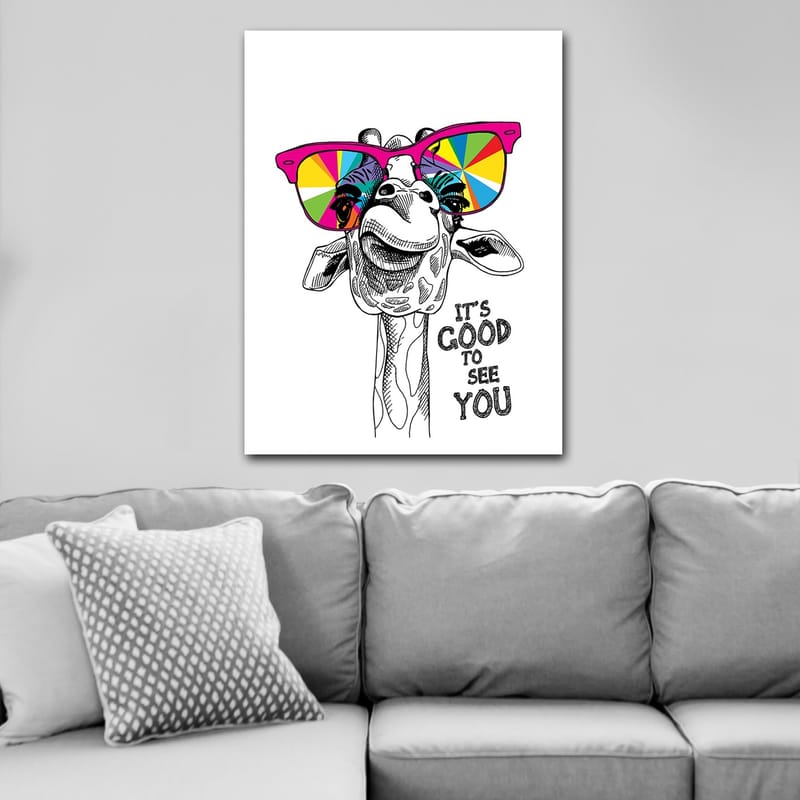 Canvas taulu 70x100 cm - Onnellinen kirahvi värikkäillä aurinkolaseilla - Vaaleanpunainen / Keltainen / Vihreä - Sisustustuotteet - Taulu & taide - Canvas-taulu