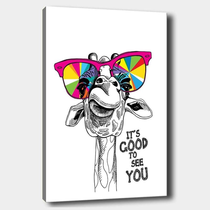 Canvas taulu 70x100 cm - Onnellinen kirahvi värikkäillä aurinkolaseilla, Vaaleanpunainen / Keltainen / Vihreä