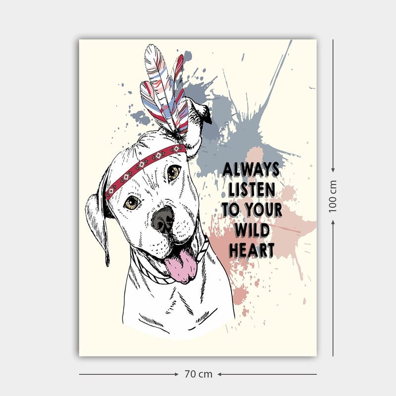 Canvas taulu 70x100 cm - Onnellinen koira, jolla on höyheniä ja pään ympärillä nauha, joka rohkaisee kuuntelemaan villiä syd äntäsi - Valkoinen / Punainen / Sininen - Sisustustuotteet - Taulu & taide - Canvas-taulu
