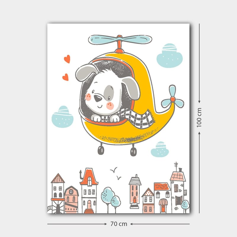 Canvas taulu 70x100 cm - Onnellinen koira lentää keltaisella helikopterilla värikkäiden talojen ympäröimän kaupungin yllä - Keltainen / Harmaa / Sininen - Sisustustuotteet - Taulu & taide - Canvas-taulu