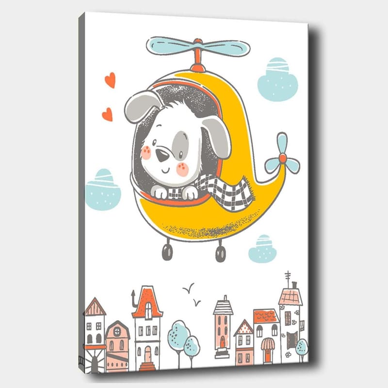 Canvas taulu 70x100 cm - Onnellinen koira lentää keltaisella helikopterilla värikkäiden talojen ympäröimän kaupungin yllä, Keltainen / Harmaa / Sininen
