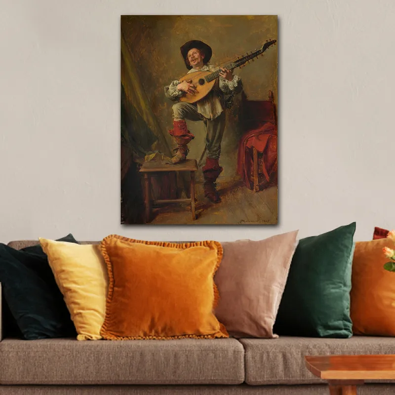 Canvas taulu 70x100 cm - Onnellinen mies soittaa luuttua eloisassa ja ilmeikkäässä asennossa, Punainen / Vihreä / Beige
