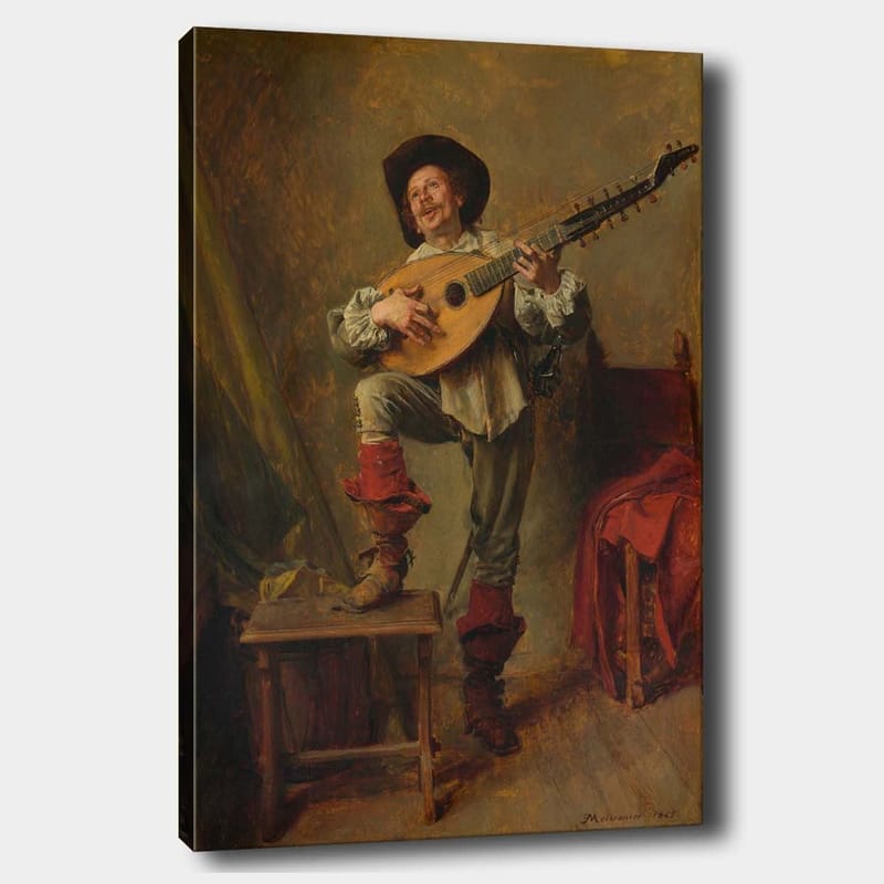 Canvas taulu 70x100 cm - Onnellinen mies soittaa luuttua eloisassa ja ilmeikkäässä asennossa - Punainen / Vihreä / Beige - Sisustustuotteet - Taulu & taide - Canvas-taulu