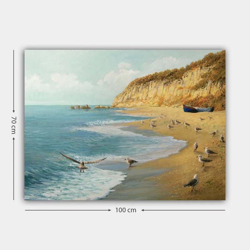 Canvas taulu 70x100 cm - Rantamaisema, jossa linnut lentävät ja kävelevät veden äärellä, kivien ja rannalla olevan veneen ympäröimänä - Sininen / Beige / Vihreä - Sisustustuotteet - Taulu & taide - Canvas-taulu