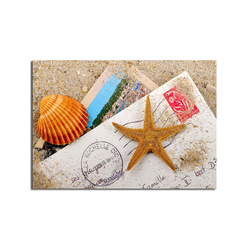 Canvas taulu 70x100 cm - Rantateemainen sommitelma, jossa on meritähtiä ja simpukoita postikortissa - Oranssi / Beige / Valkoinen - Sisustustuotteet - Taulu & taide - Canvas-taulu