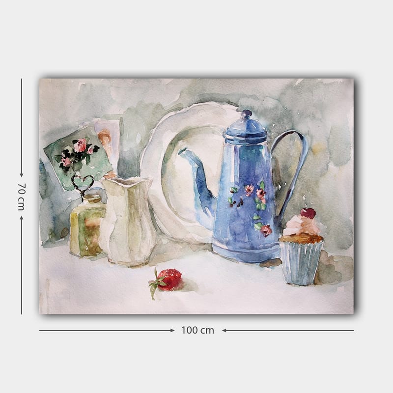 Canvas taulu 70x100 cm - Rauhallinen asetelma sinisellä kahvipannulla, mansikan ja kuppikakun kanssa - Sininen / Valkoinen / Punainen - Sisustustuotteet - Taulu & taide - Canvas-taulu