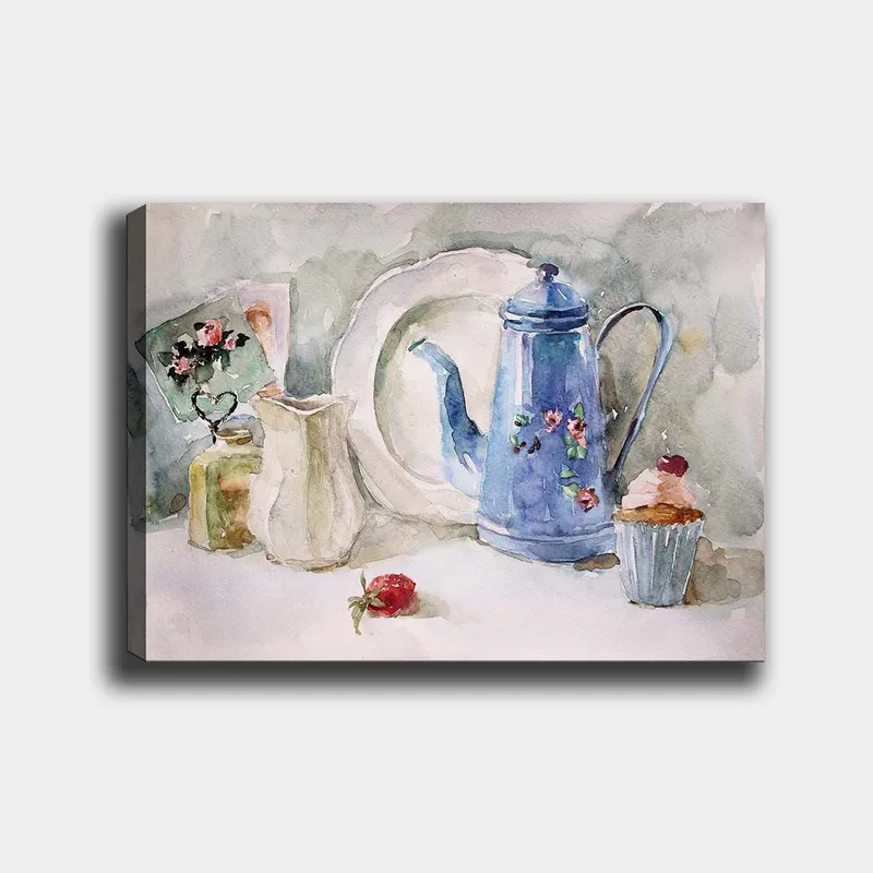 Canvas taulu 70x100 cm - Rauhallinen asetelma sinisellä kahvipannulla, mansikan ja kuppikakun kanssa, Sininen / Valkoinen / Punainen