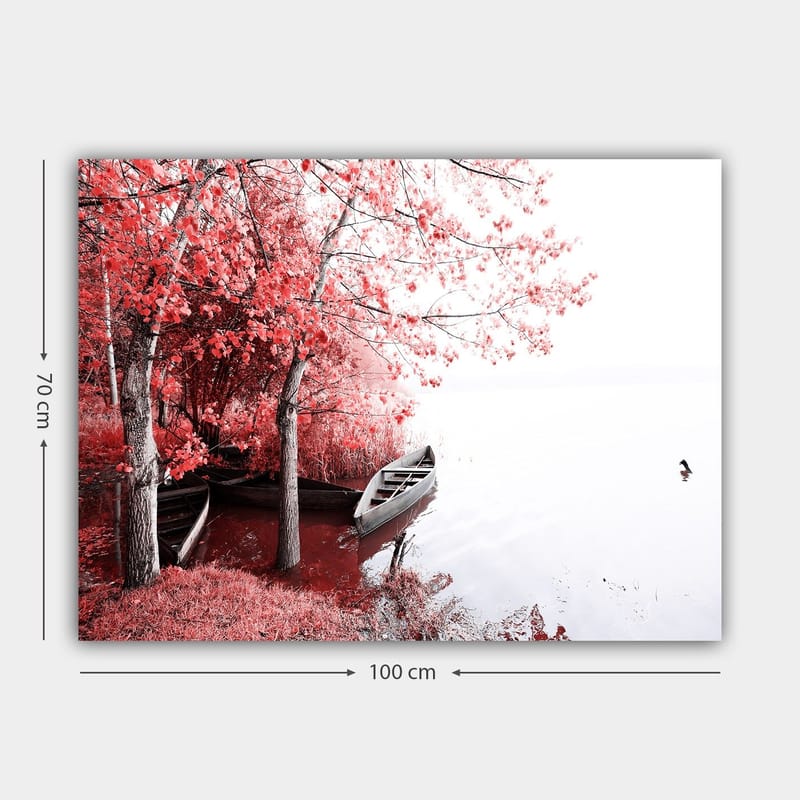 Canvas taulu 70x100 cm - Rauhallinen järvimaisema, jossa kaksi venettä kimaltelevien punaisten puiden ympäröimänä syksyn väreissä - Punainen / Harmaa - Sisustustuotteet - Taulu & taide - Canvas-taulu