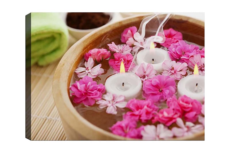 Canvas taulu 70x100 cm - Rauhallinen ja rentouttava kulho kelluvilla kukilla ja kynttilöillä - Vaaleanpunainen / Valkoinen / Keltainen - Sisustustuotteet - Taulu & taide - Canvas-taulu