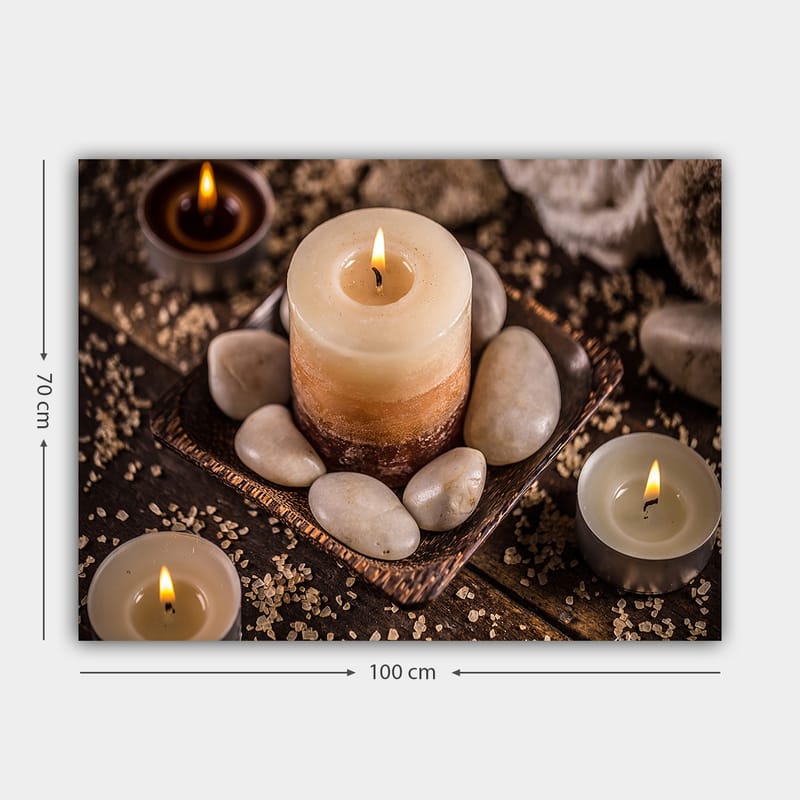 Canvas taulu 70x100 cm - Rauhallinen ja rentouttava sommitelma kynttilöillä ja kivillä harmonisessa ympäristössä - Beige / Ruskea / Harmaa - Sisustustuotteet - Taulu & taide - Canvas-taulu